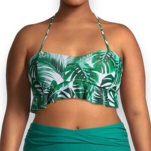 XOXO White and Green Tropical Leaf Ruffle Bandeau Bikini Top